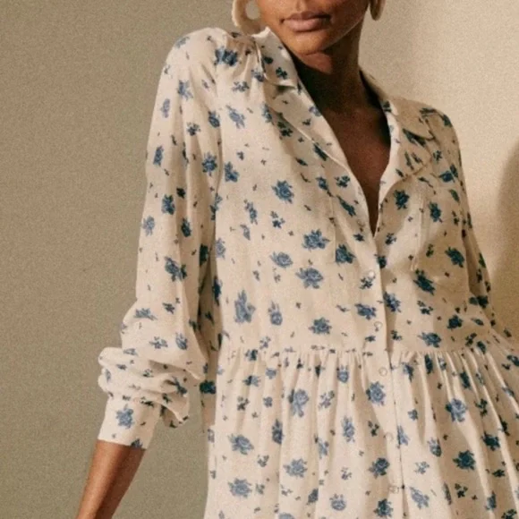 Sézane Aurora Mini Dress in Roses Bleues Floral Long Sleeve Prairie - Picture 4 of 15